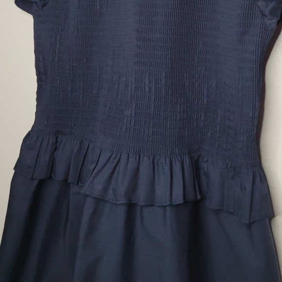 Sunday Up Dress Navy Blue Size Large Smocked Bodice Mock Neck Ruffle Sleeves - Picture 4 of 11